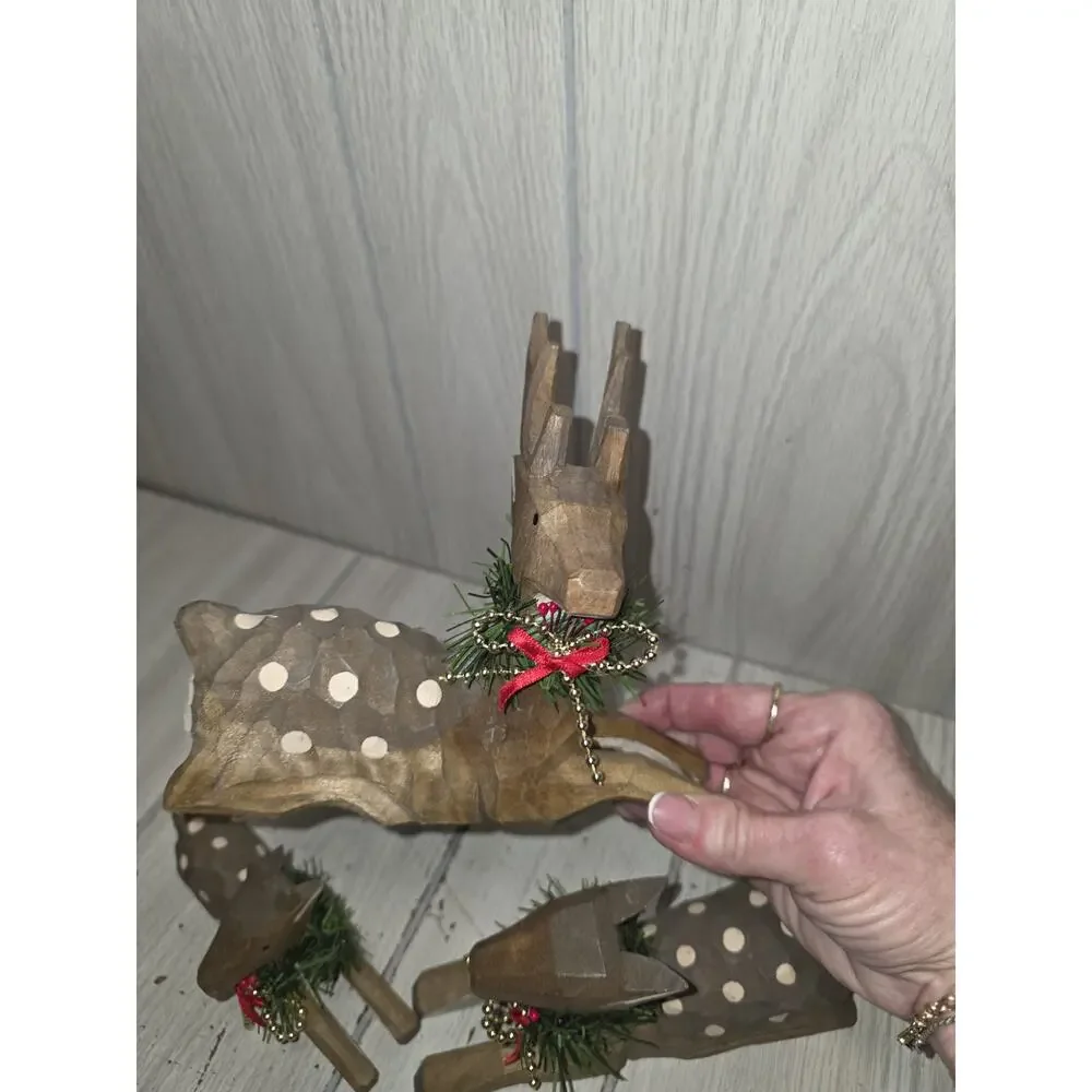 Wood Deer Family Buck Doe Fawn Wood Figures Christmas Decor Hand Carved Folk Art